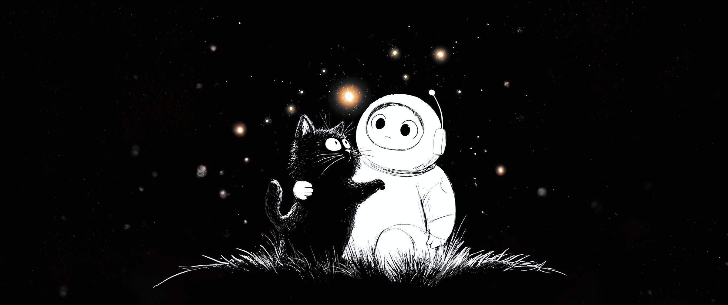 A small astronaut and a fluffy black cat sitting together on a tuft of grass under a sky of glowing stars
